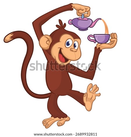 Cartoon funny monkey chimpanzee pouring tea in tea cup. Vector illustration isolated on white