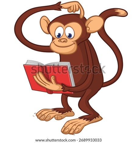 Cartoon funny monkey chimpanzee reading book. Vector illustration isolated on white