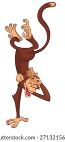 Divertido mono chimpancé de dibujos animados rascándose la cabeza y colgando boca abajo. Ilustración vectorial aislada en blanco