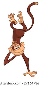 Divertido mono chimpancé de dibujos animados rascándose la cabeza y colgando boca abajo. Ilustración vectorial aislada en blanco