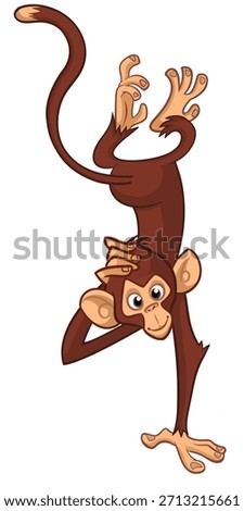 Cartoon funny monkey chimpanzee scratching head and hanging upside down. Vector illustration isolated on white