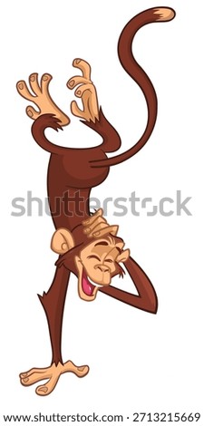 Cartoon funny monkey chimpanzee scratching head and hanging upside down. Vector illustration isolated on white