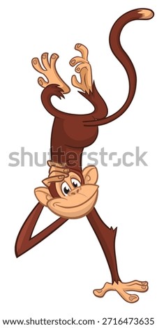 Cartoon funny monkey chimpanzee scratching head and hanging upside down. Vector illustration isolated on white