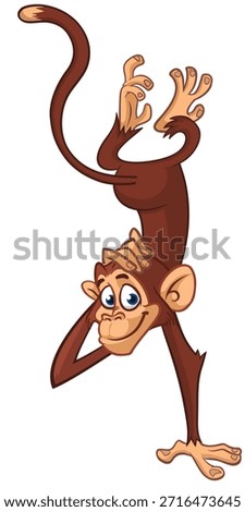 Cartoon funny monkey chimpanzee scratching head and hanging upside down. Vector illustration isolated on white