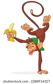 Cartoon funny monkey chimpanzee standing on one hand with banana in its hands. Vector illustration of happy monkey character design isolated.