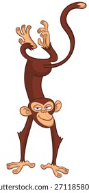 Cartoon funny monkey chimpanzee standing upside down. Vector illustration isolated on white
