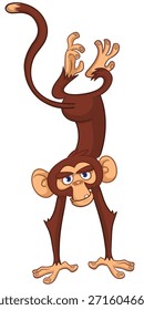 Cartoon funny monkey chimpanzee standing upside down. Vector illustration isolated on white