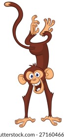Cartoon funny monkey chimpanzee standing upside down. Vector illustration isolated on white