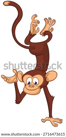 Cartoon funny monkey chimpanzee waving hand. Vector illustration isolated on white