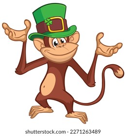 Cartoon funny monkey chimpanzee wearing Leprechaun's green hat with clover on it. Vector illustration for St. Patrick's Day party. Holiday greeting