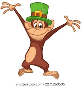 Cartoon funny monkey chimpanzee wearing Leprechaun's green hat with clover on it. Vector illustration for St. Patrick's Day party. Holiday greeting