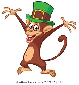 Cartoon funny monkey chimpanzee wearing Leprechaun's green hat with clover on it. Vector illustration for St. Patrick's Day party. Holiday greeting
