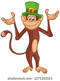Cartoon funny monkey chimpanzee wearing Leprechaun's green hat with clover on it. Vector illustration for St. Patrick's Day party. Holiday greeting