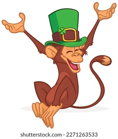 Cartoon funny monkey chimpanzee wearing Leprechaun's green hat with clover on it. Vector illustration for St. Patrick's Day party. Holiday greeting