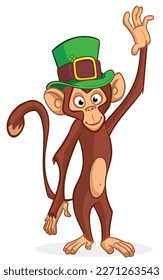 Cartoon funny monkey chimpanzee wearing Leprechaun's green hat with clover on it. Vector illustration for St. Patrick's Day party. Holiday greeting