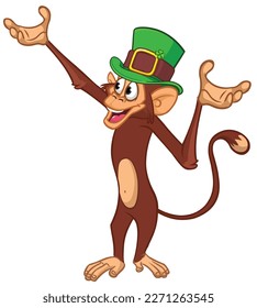 Cartoon funny monkey chimpanzee wearing Leprechaun's green hat with clover on it. Vector illustration for St. Patrick's Day party. Holiday greeting