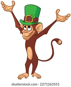 Cartoon funny monkey chimpanzee wearing Leprechaun's green hat with clover on it. Vector illustration for St. Patrick's Day party. Holiday greeting