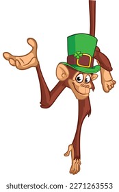 Cartoon funny monkey chimpanzee wearing Leprechaun's green hat with clover on it. Vector illustration for St. Patrick's Day party. Holiday greeting