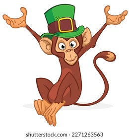 Cartoon funny monkey chimpanzee wearing Leprechaun's green hat with clover on it. Vector illustration for St. Patrick's Day party. Holiday greeting