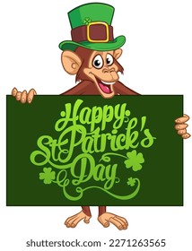 Cartoon funny monkey chimpanzee wearing Leprechaun's green hat with clover on it and holding placard with StPatricks's greetings. Vector illustration for St. Patrick's Day party. Holiday greeting