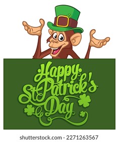 Cartoon funny monkey chimpanzee wearing Leprechaun's green hat with clover on it and holding placard with StPatricks's greetings. Vector illustration for St. Patrick's Day party. Holiday greeting