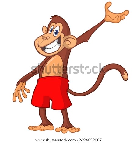 Cartoon funny monkey chimpanzee wearing shorts. Vector illustration isolated on white