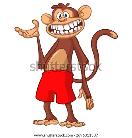Cartoon funny monkey chimpanzee wearing shorts. Vector illustration isolated on white