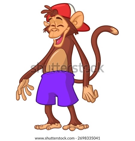 Cartoon funny monkey chimpanzee wearing shorts. Vector illustration isolated on white