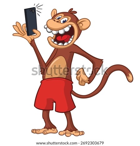 Cartoon funny monkey chimpanzeemaking selfie with the smartphone. Vector illustration isolated on white