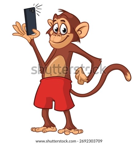 Cartoon funny monkey chimpanzeemaking selfie with the smartphone. Vector illustration isolated on white