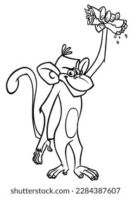 Cartoon funny monkey holding kebab or falafel roll streetfood. Vector illustration of happy monkey chimpanzee outlines for coloring pages book.