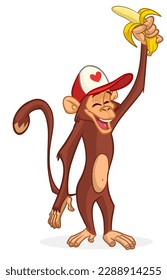 Cartoon funny monkey holds banana in his hand. Vector illustration of happy monkey character design isolated.