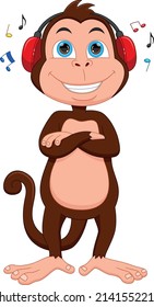cartoon funny monkey listening to music