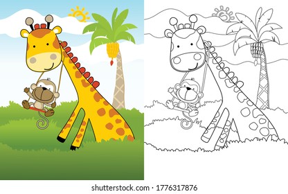 Cartoon des Affenspiels, der auf dem Hals, dem Farbbuch oder der Seite der Giraffe schwingt