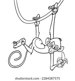 Cartoon funny monkey. Vector illustration of happy monkey chimpanzee outlines for coloring pages book.