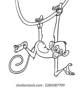 Cartoon funny monkey. Vector illustration of happy monkey chimpanzee outlines for coloring pages book.
