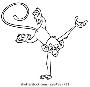 Caricatura de mono gracioso. Ilustración vectorial de los contentos esbozos de chimpancé de mono para colorear el libro de páginas.