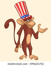 Cartoon funny monkey wearing Amirican uncle Sam hat on USA Independence Day . Vector illustration of chimpanzee character outlined. Design for print, poster or invitation to 4th of July holiday