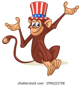 Cartoon funny monkey wearing Amirican uncle Sam hat on USA Independence Day . Vector illustration of chimpanzee character outlined. Design for print, poster or invitation to 4th of July holiday