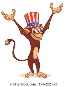 Cartoon funny monkey wearing Amirican uncle Sam hat on USA Independence Day . Vector illustration of chimpanzee character outlined. Design for print, poster or invitation to 4th of July holiday