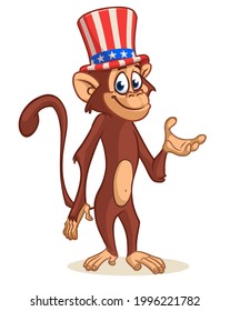 Cartoon funny monkey wearing Amirican uncle Sam hat on USA Independence Day . Vector illustration of chimpanzee character outlined. Design for print, poster or invitation to 4th of July holiday