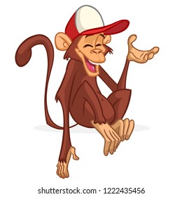 Cartoon funny monkey wearing hat cap and smiling. Vector illustration