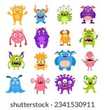 Cartoon funny monster characters. Cute comic creatures isolated vector set. Joyful kawaii Halloween personages. Devils, goblins, aliens, smiling mutants with horns, wings, fangs, eyes, tongues, tails