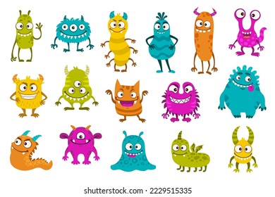 Cartoon funny monster characters. Cute comic creatures, joyful halloween personages isolated vector set. Devils, goblins, aliens kawaii smiling mutants with horns, wings, fangs, eyes, tongues, tails