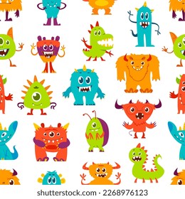 Cartoon funny monster characters seamless pattern. Halloween background of vector aliens, cute animals and insects. Color fluffy monster, happy beast, little bacteria and virus personages backdrop