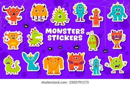 Cartoon funny monster characters stickers. Vector set of patches with fun, spooky, lively and whimsical creatures with playful faces, multiple eyes or horns, surrounded by spiders and cobwebs