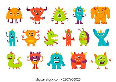 Cartoon funny monster characters. Vector Halloween aliens, scary animals, insects and beasts. Cute monster creatures with happy smiling faces, funny colorful yeti, troll, mutant and ogre characters