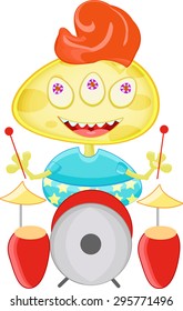Cartoon funny monster, colorful alien. Monster playing on drums.