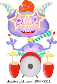 Cartoon funny monster, colorful alien. Monster playing on drums.