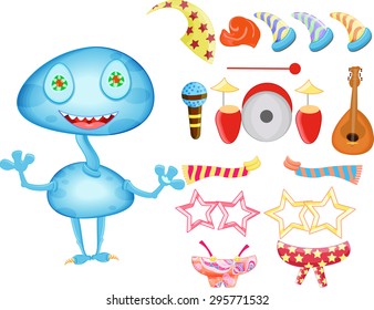 Cartoon funny monster, colorful alien. Guitar, drum and microphone.